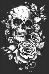 Fototapeta premium Detailed black-and-white illustration of a cracked skull surrounded by blooming roses and leaves, featuring a gothic and artistic tattoo-inspired design