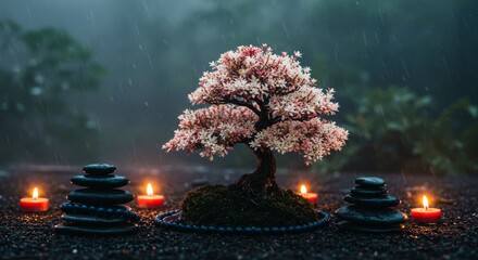 Bonsai on spa with spa stones, beautiful Zen ambience