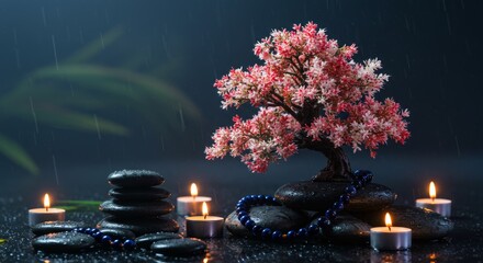 Bonsai on spa with spa stones, beautiful Zen ambience