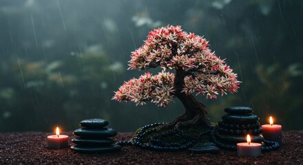 Bonsai on spa with spa stones, beautiful Zen ambience