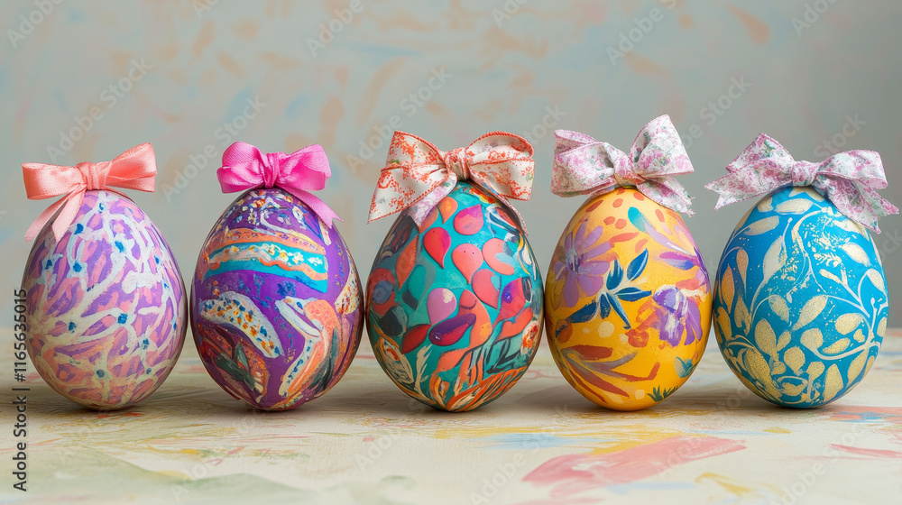 Poster floral decorative patterned easter eggs composed of colorful swirling patterns topped with bows with