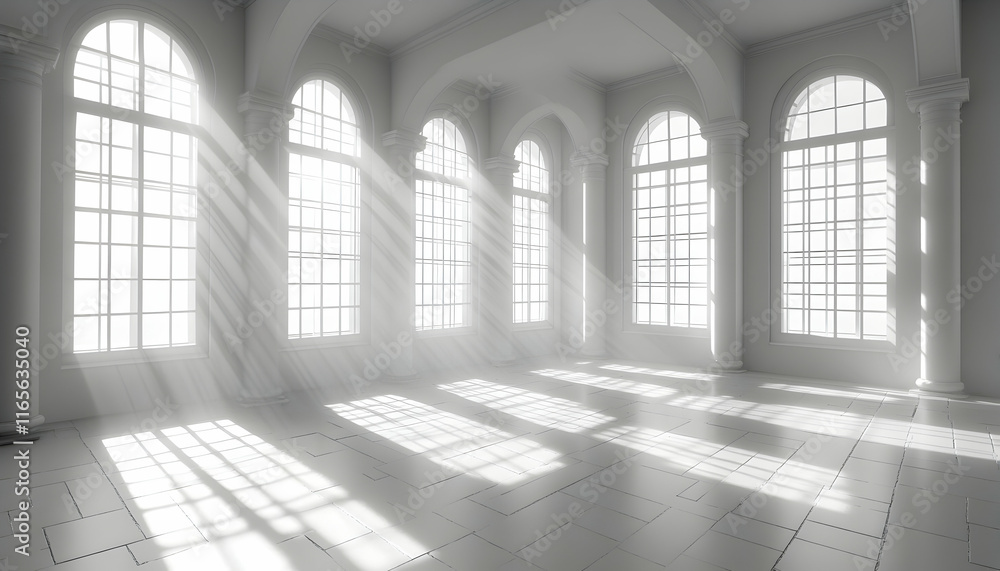 Poster sunbeams illuminate a grand, empty hall with arched windows and classical columns; perfect for seren