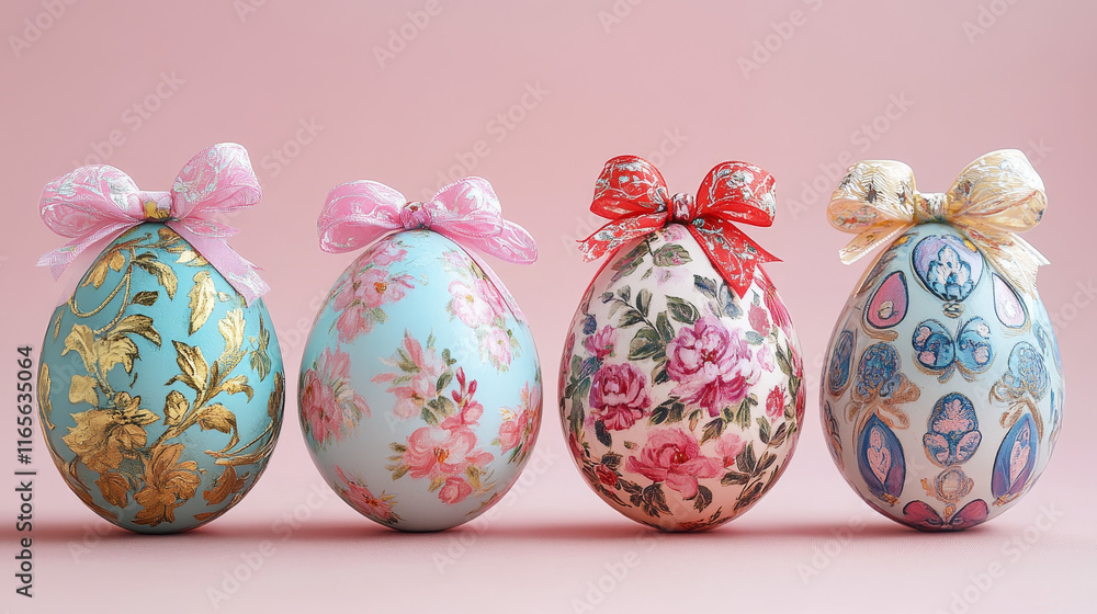Poster floral decorative patterned easter eggs composed of colorful swirling patterns topped with bows with