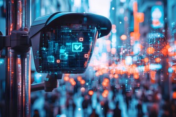 A surveillance camera is actively monitoring a busy urban street filled with people. Generative AI.