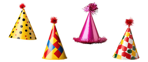 Obraz premium Set of colorful party hats with patterns isolated on a transparent background