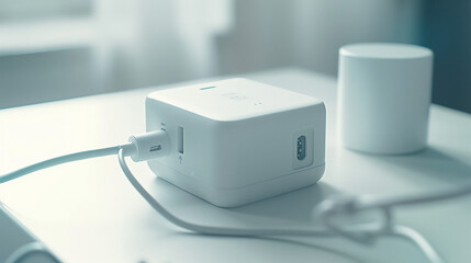 Minimalist Universal Charger with Multiple Ports on White Surface, Highlighting Versatility and Modern Design