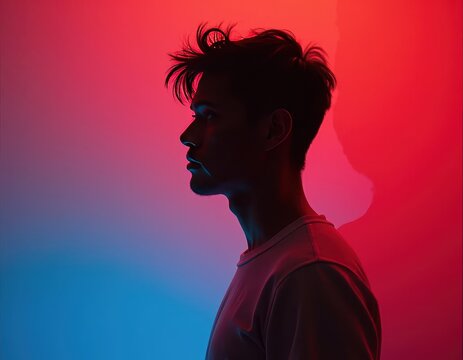 Silhouette of a young man, profile view, bathed in vibrant red and blue neon light.  A striking image with a moody, artistic feel. - Powered by Adobe