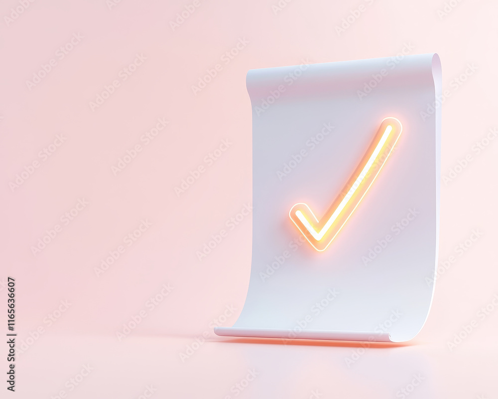 Poster minimalistic composition of loan approval document with glowing check mark, symbolizing success and 