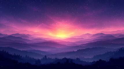 Vibrant sunrise over misty mountain range.