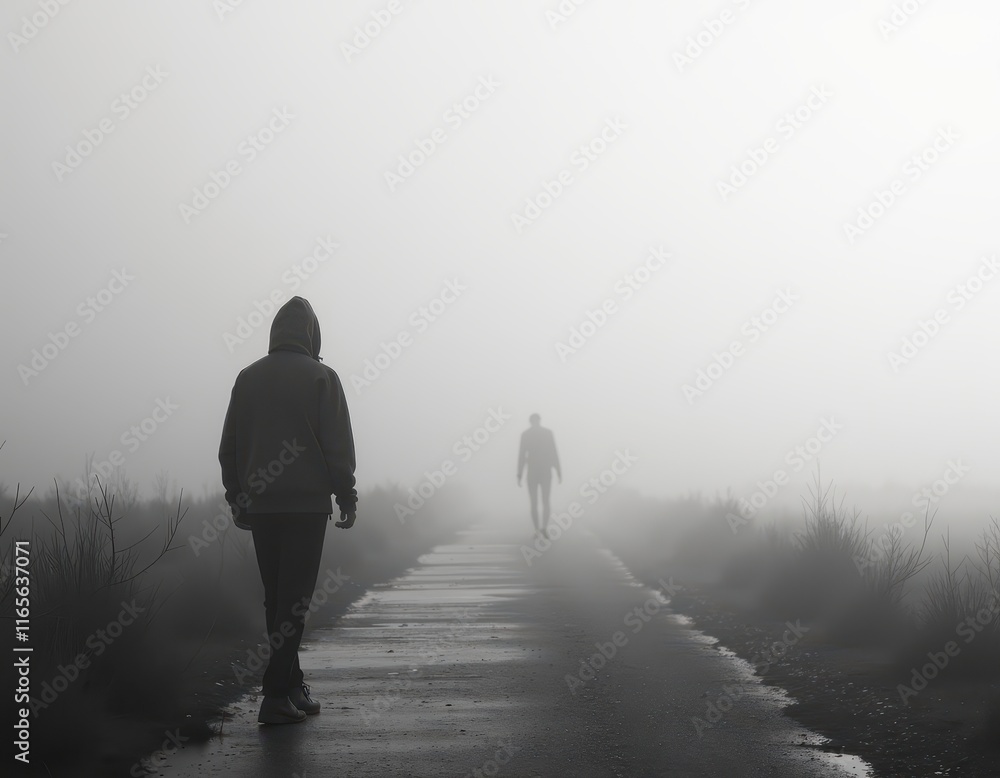 Poster solitary figures walking on a foggy path, creating a mysterious and atmospheric scene. the dense fog