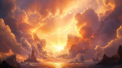 Obraz premium Majestic Sunset Over Serene Ocean with Dramatic Cloud Formation