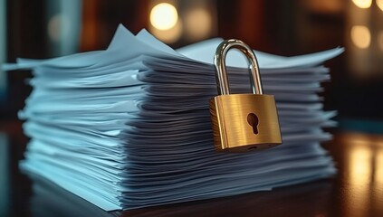 A stack of documents with a padlock on the table, symbolizing data protection and security in business