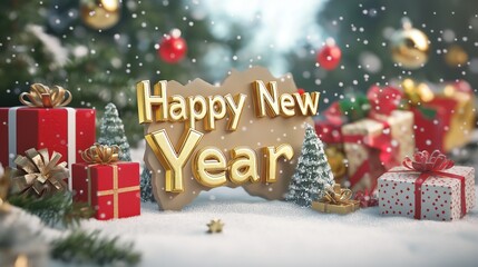 Festive 3D Golden 'Happy New Year' Surrounded by Red Gift Boxes, Snowflakes, Christmas Decorations, and a Snowy Winter Landscape with Decorated Trees