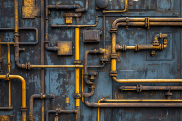 Network of gleaming steel pipes runs with precision. Abstract pipe industry background, Industrial Factory. Various mechanisms and metal pipes