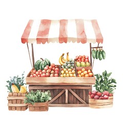 Watercolor illustration of a rustic wooden fruit and vegetable stand with a striped awning, overflowing with fresh produce.