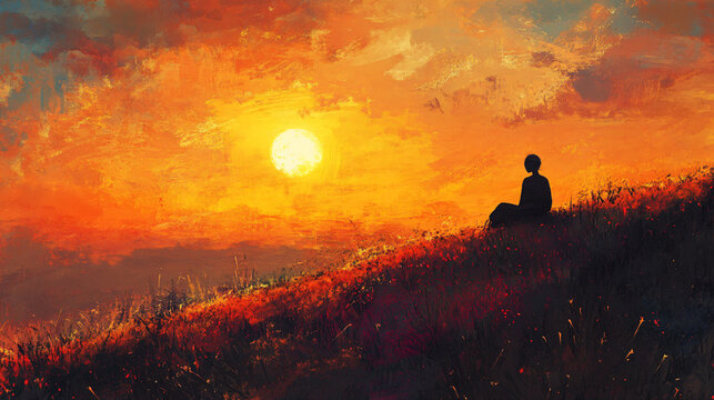 A person on a hill gazes at the sun setting, feeling a deep sense of peace and introspection.