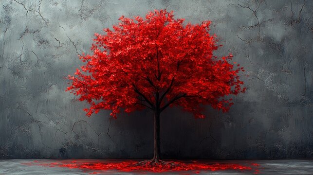 Vibrant red tree against grunge wall.