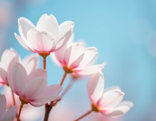 Obraz premium Delicate pink blossoms against a vibrant blue sky. Sunlight illuminates the petals, creating a stunning natural beauty.