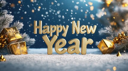 3D "Happy New Year" Text in Golden and Blue Color Scheme with Falling Snow, Golden Gifts, Cartoon Style, and Large Space for Logo or Advertisement, High Resolution Illustration with Natural Lighting.