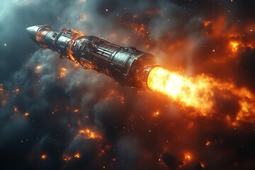 Missile launch through fiery clouds.