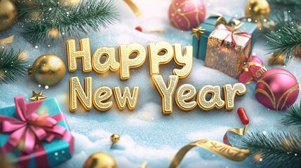 Golden 3D 'Happy New Year' Text with Colorful Gifts, Snowy Pine Branches, and Christmas Decorations in Cartoon Style, Perfect for Festive Design