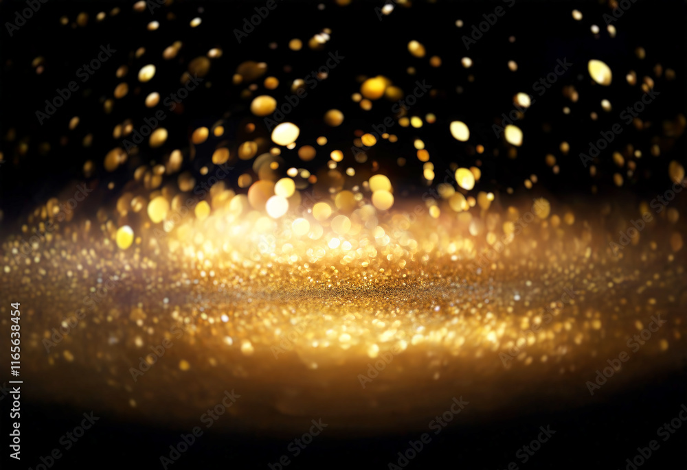Aufkleber shimmering gold glitter particles float and settle on a dark background, creating a magical, luxurio