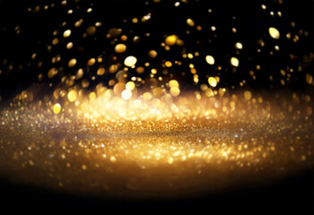 Fototapeta premium Shimmering gold glitter particles float and settle on a dark background, creating a magical, luxurious effect. The light reflects beautifully, suggesting celebration or festivity.