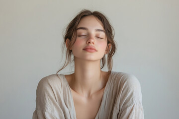 A serene young woman with closed eyes, wearing a beige top against a neutral background.