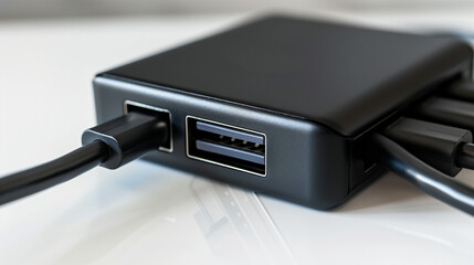 Minimalist Universal Charger with Multiple Ports on White Surface, Highlighting Versatility and Modern Design