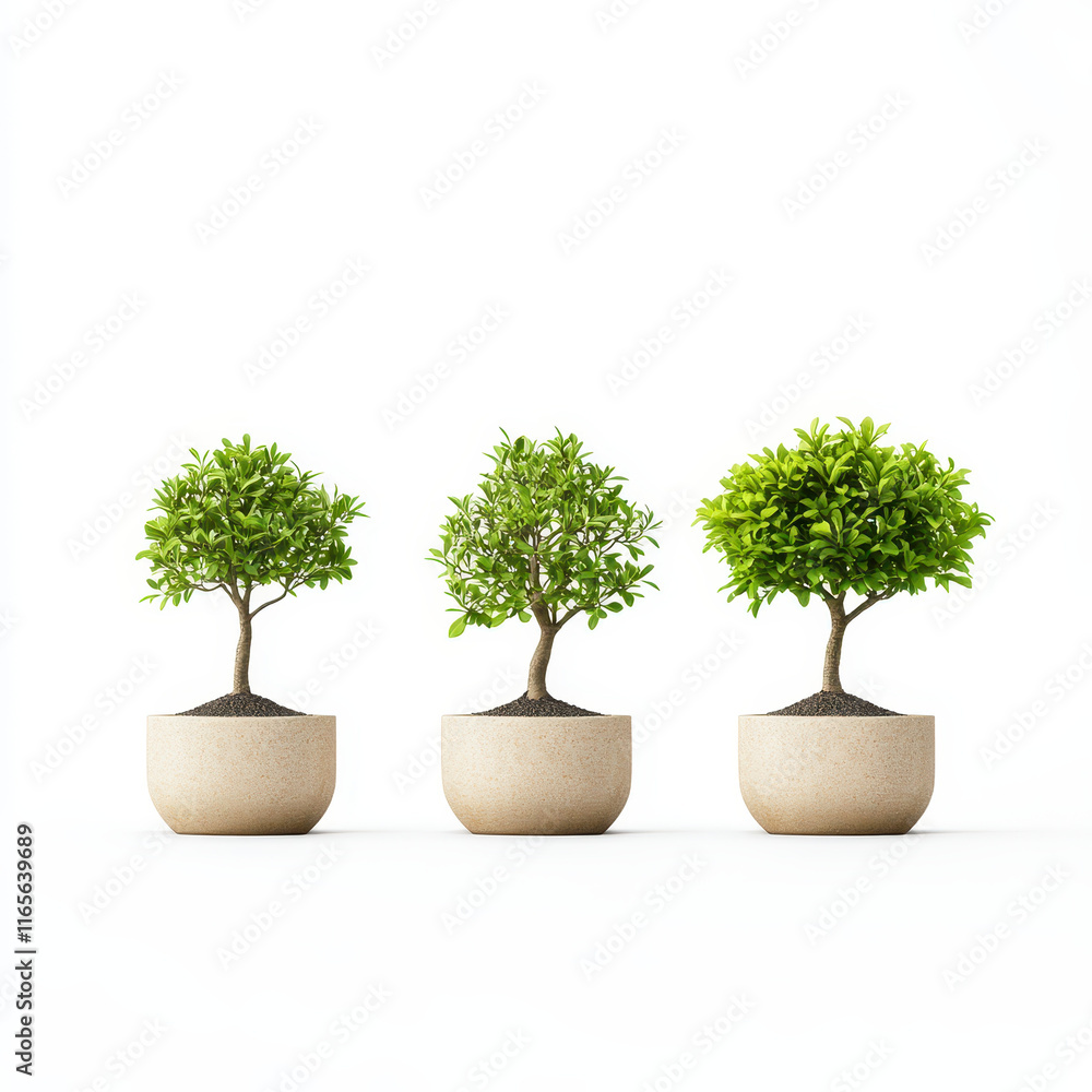 Poster symmetrical row of potted bonsai trees in minimalist pots, showcasing greenery and tranquility