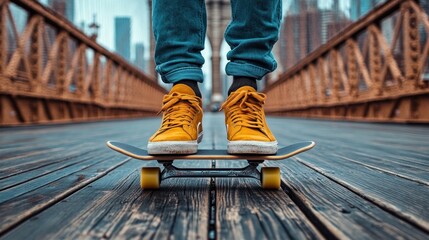 Person standing on skateboard on bridge.