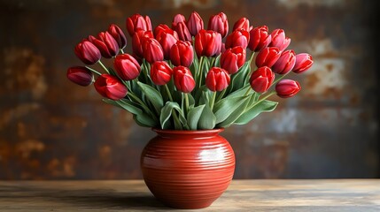 A red vase filled with red tulips sits on a wooden table