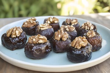 A single plate of stuffed dates with walnuts perfectly lit by the golden light