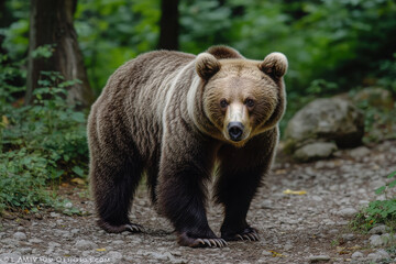 A brown bear stands on a gravel path in a forested area, surrounded by greenery.
