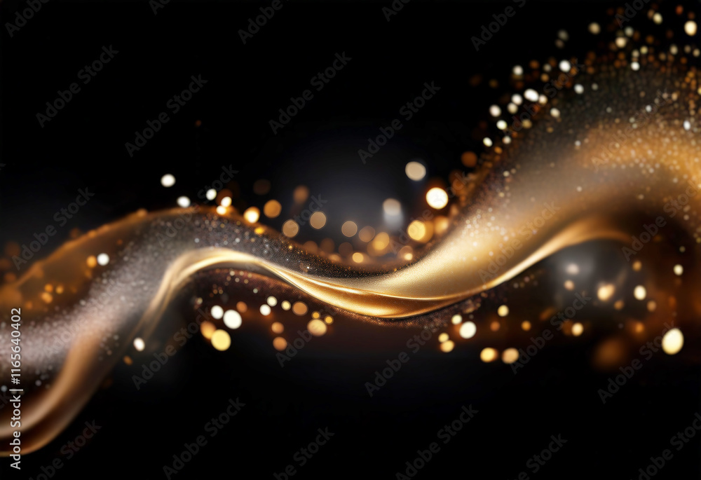 Poster elegant, flowing gold and bronze particles shimmer against a dark background, creating a luxurious a