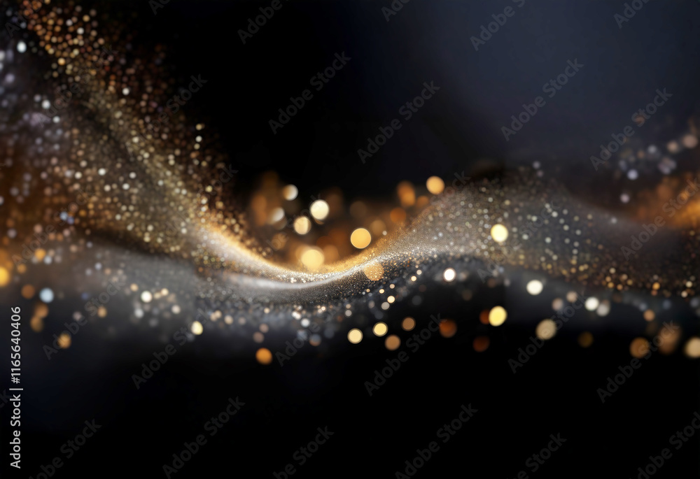 Aufkleber Abstract image of shimmering, golden particles flowing like a wave across a dark background.  The particles vary in intensity and create a sense of movement and energy.