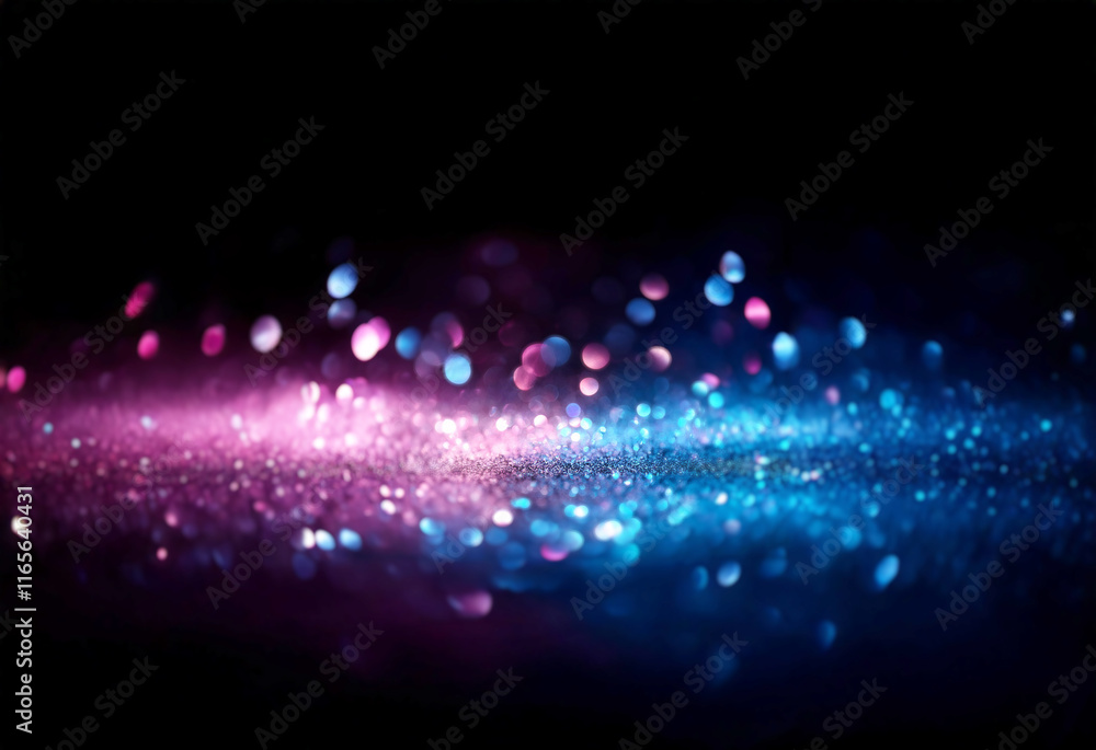 Poster vibrant pink and blue glitter sparkles on a dark background, creating a magical, ethereal glow. the 