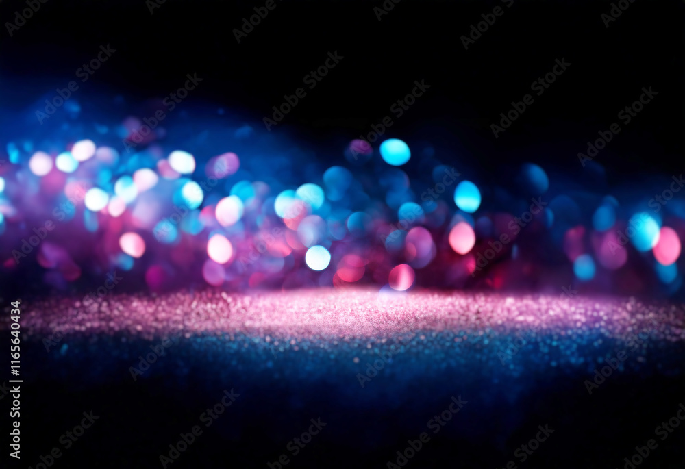 Poster Abstract image of vibrant pink and blue bokeh lights, creating a sparkling, ethereal glow against a dark background.  The lights appear to be scattered like glitter on a dark surface.