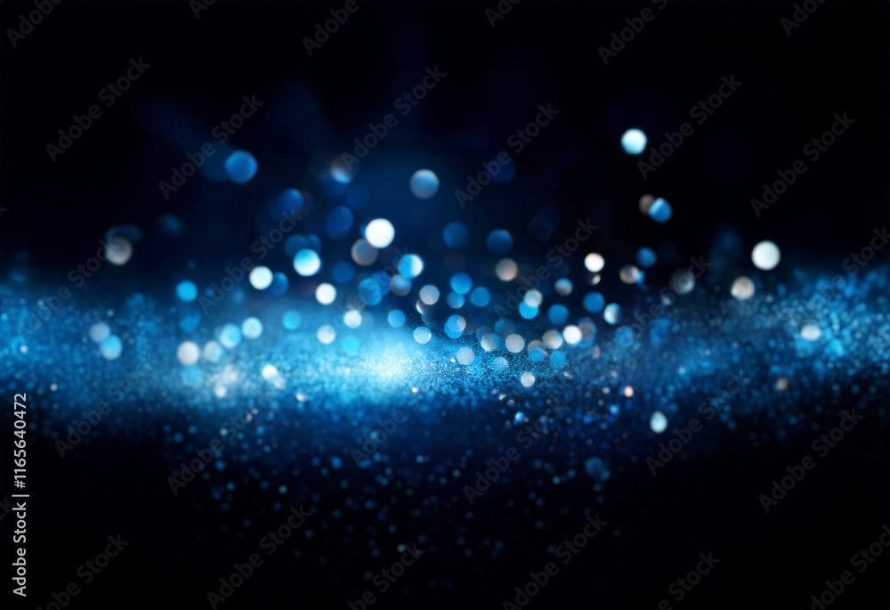 Poster abstract image of blue bokeh lights and sparkles on a black background, resembling a night sky or co