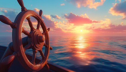 A wooden ship's wheel on the deck of an old sailing boat, with water and sunset in the background.