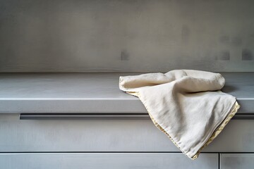 A perfectly clean and organized kitchen counter, with a neatly folded dish towel, symbolizing calm and order, with copy space.