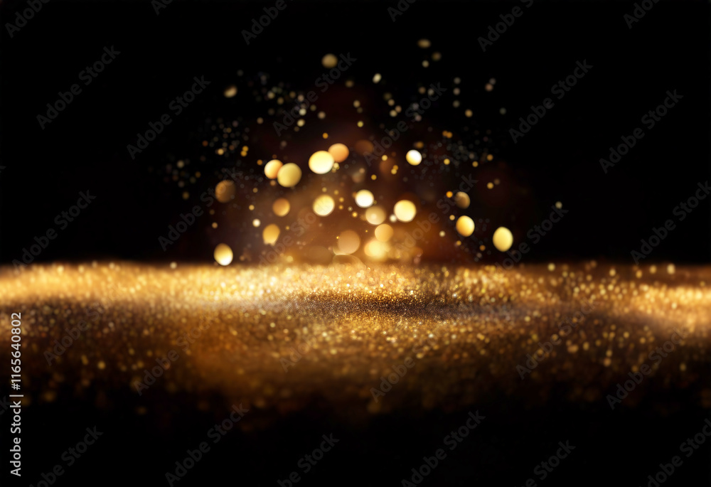 Aufkleber Glimmering gold sparkles and bokeh lights illuminate a dark background, creating a luxurious and festive atmosphere.  The fine gold dust adds texture and depth to the scene.