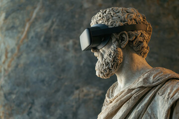 A classical statue wearing a virtual reality headset, merging ancient and modern technology.