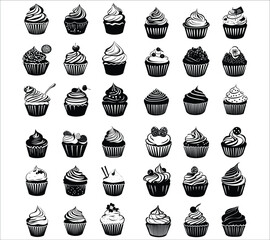 Cupcake silhouettes vector. Sweet cupcake silhouettes vector design. Cupcake silhouette vector illustration. Vector silhouettes of cupcakes for birthday celebrations
