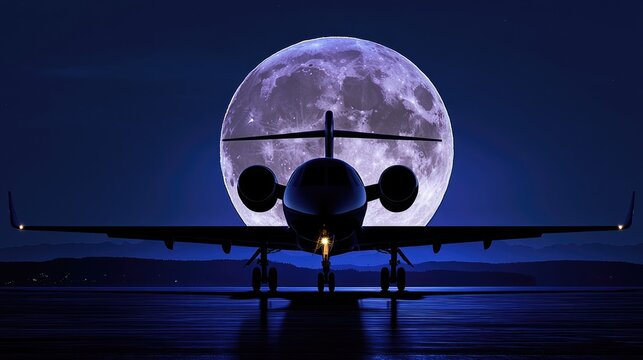 Airplane silhouette against a full moon in a night sky. - Powered by Adobe