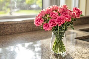 A fresh bouquet of flowers beside a pristine counter symbolizing cleanliness meeting nature s beauty with copy space 