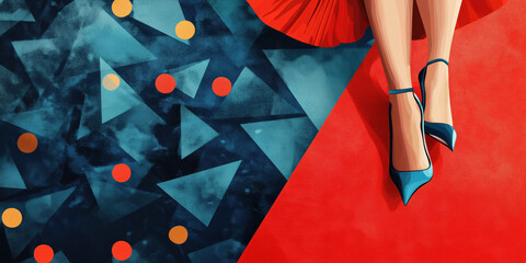 Female legs in blue heels against geometric background. Fashion and style concept