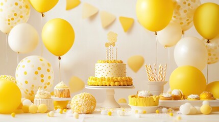 A lively birthday party scene with a yellow theme, featuring balloons, cakes, and decorations, isolated on a white background