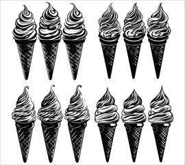 Set of ice cream cone silhouette. Sweet ice cream cone silhouette icons. Abstract ice cream cone silhouette vector. Ice cream cone icons silhouette vector collection

