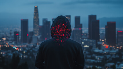 Hacker are planning to hack and attack networks and cyber security systems. Smart Innovation city with connection future wireless digital city and social media networking over the  cityscape.	